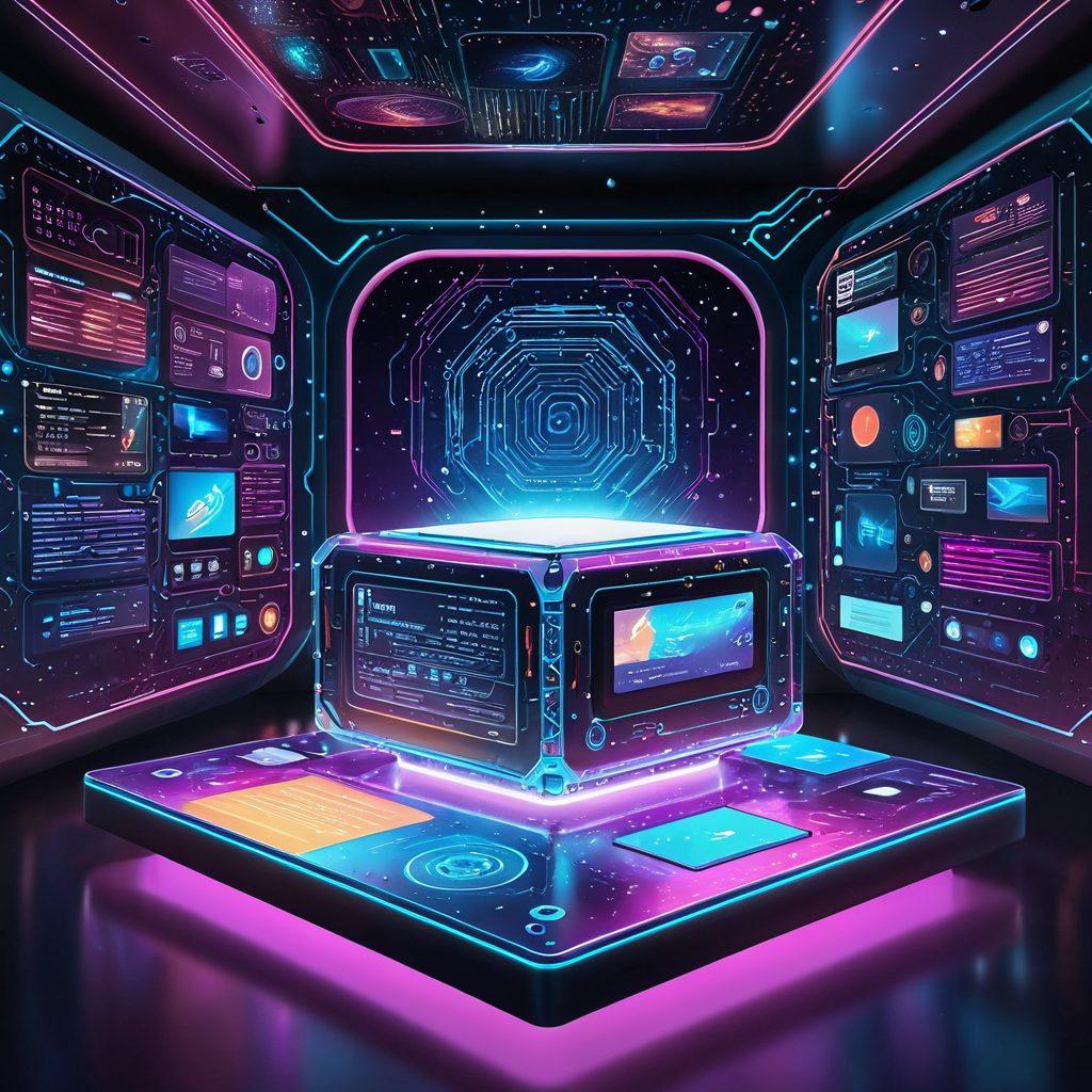 A futuristic time capsule with glowing circuits and holographic displays, revealing layers of archived web pages, social media snapshots, and digital artifacts from different eras, all floating in a cosmic space background. 3D. vibrant colors. space theme.